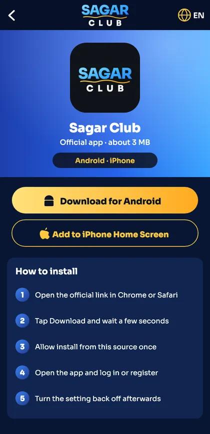 Sagar Club app download screen for Android and iPhone