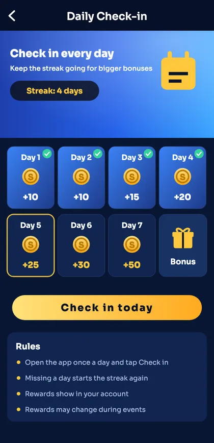 Sagar Club daily check-in screen with seven-day streak