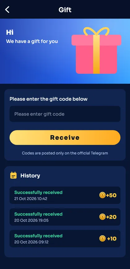Sagar Club gift code redeem screen with history