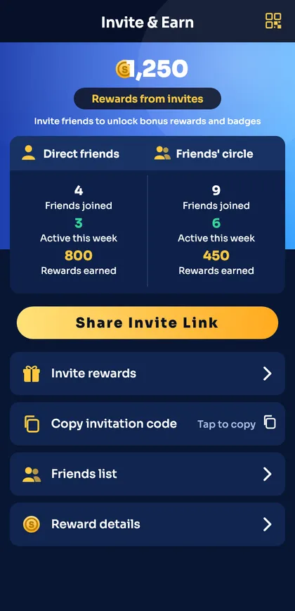 Sagar Club invite screen with copy invitation code button