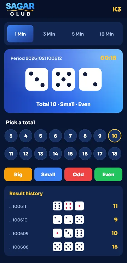 Sagar Club K3 dice screen with three dice, total picker and history