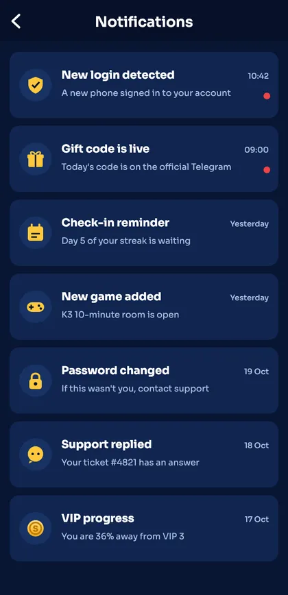 Sagar Club notifications list with login alert and gift code messages