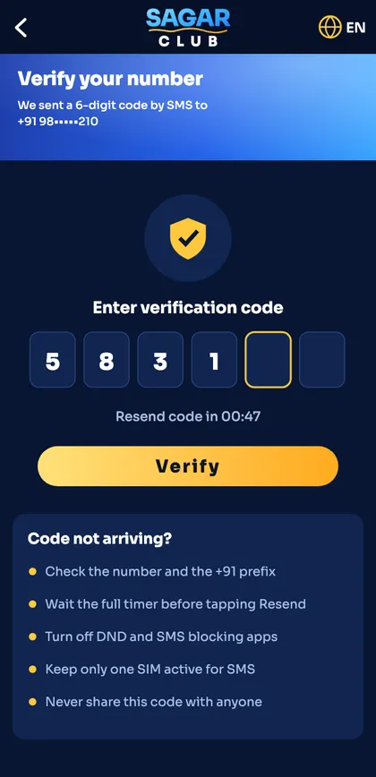 Sagar Club OTP verification screen with six code boxes
