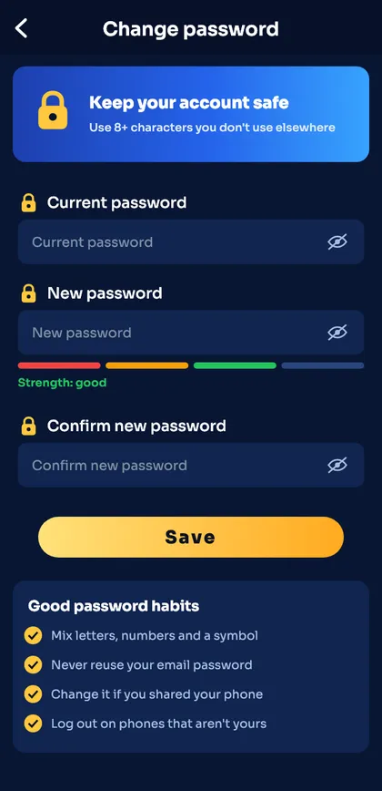Sagar Club change password screen with strength bar