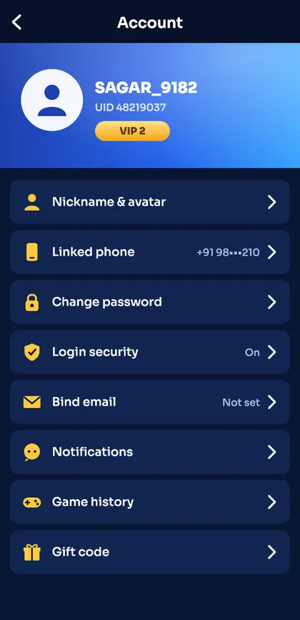 Sagar Club account page after first login