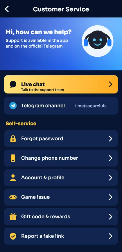 Sagar Club customer service screen with live chat and self-service options